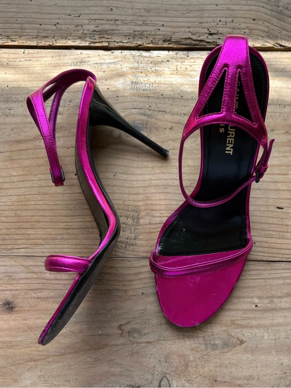 Saint Laurent Metallic Fuchsia Ankle-Strap Stiletto Sandals - Picture 6 of 13